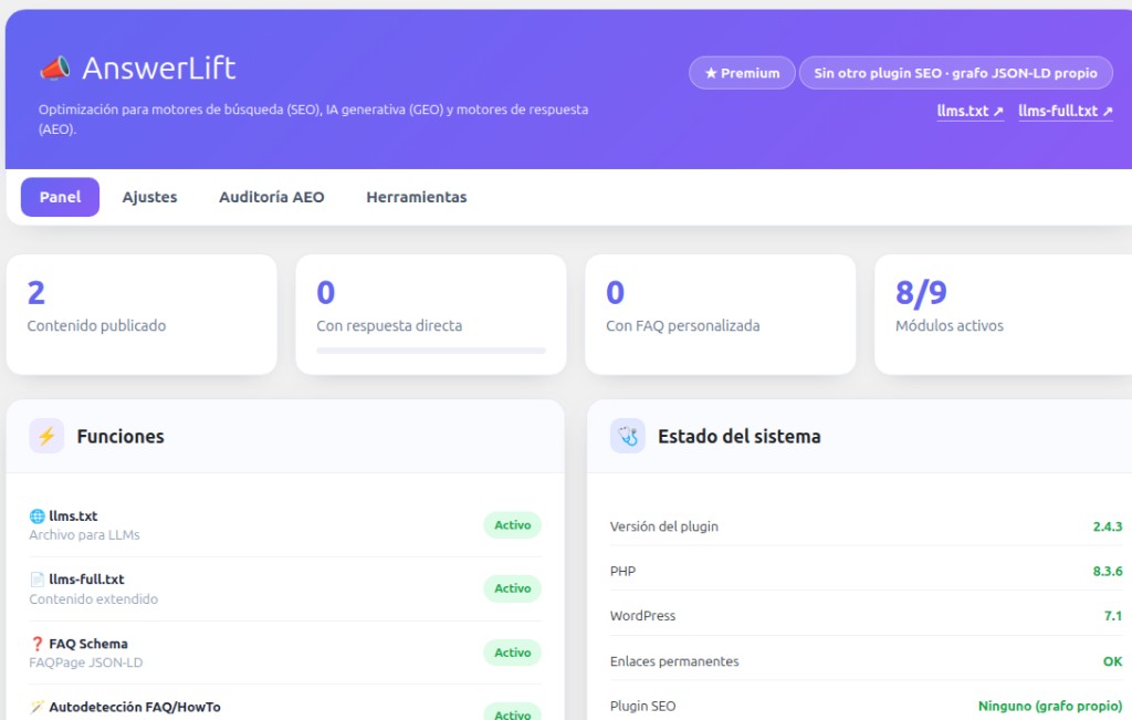 AnswerLift — SEO · GEO · AEO para WordPress